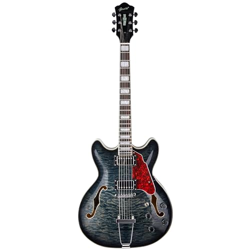 GROTE Jazz Electric Guitar Semi-Hollow Body Trapeze Tailpiece Bridge Guitar Gig Bag (Black)