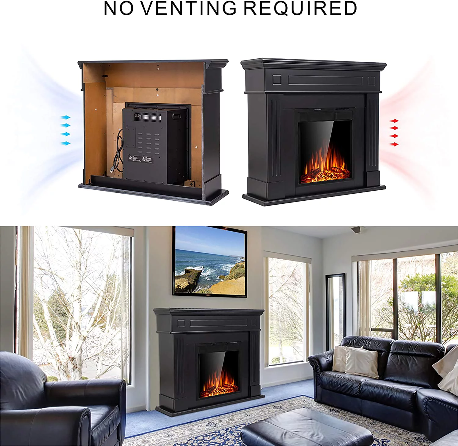 KISSAIR Electric Fireplace Mantel Package Wooden Surround Firebox TV Stand Free Standing Electric Fireplace Heater with Logs, Adjustable Led Flame, Remote Control, 750W-1500W (Black)