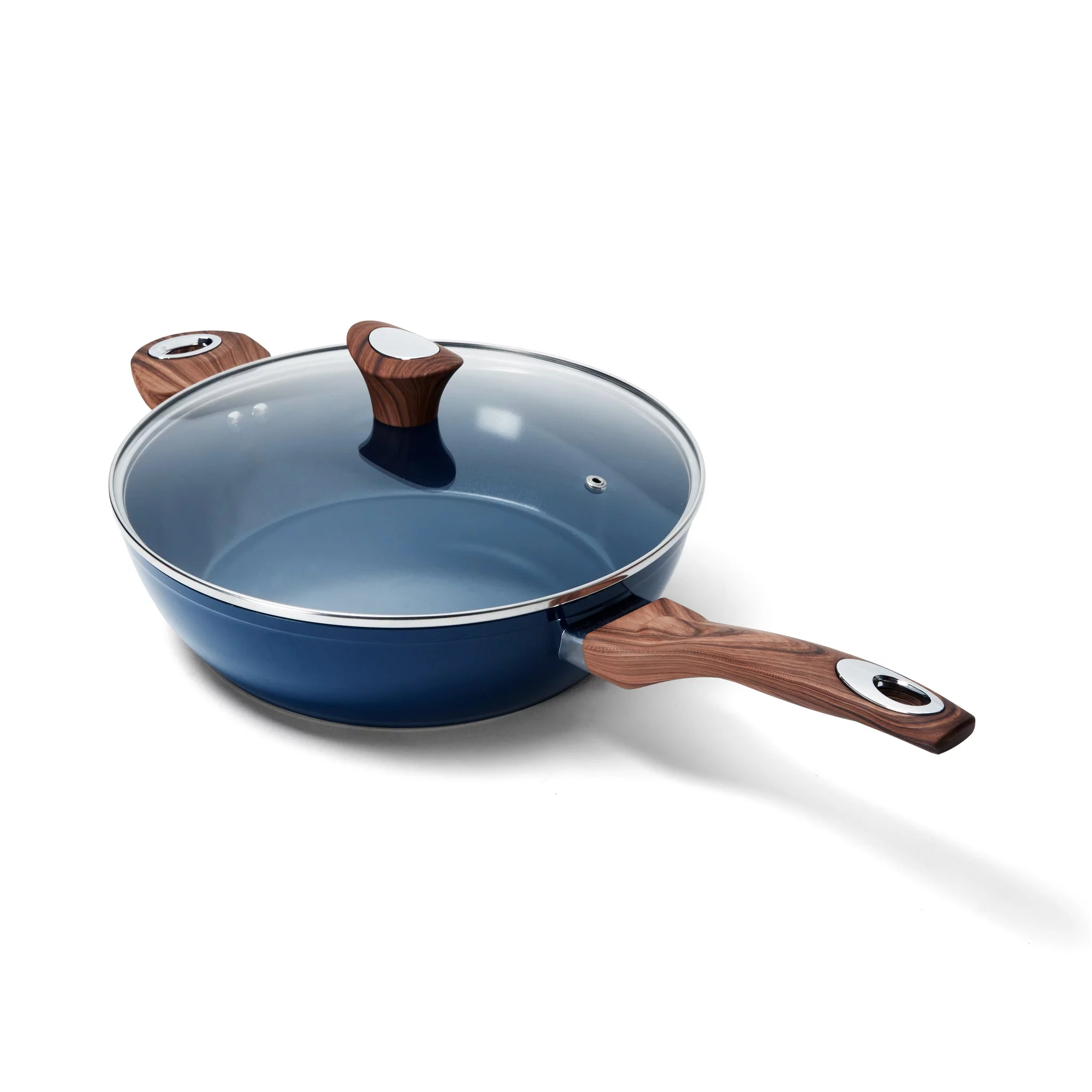 Phantom Chef 11 inch Deep Fry Pan With Lid - Non Stick - Wood Handle and Aluminum Body - Navy