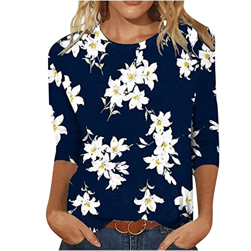Womens Tops Dressy Casual 3/4 Sleeve Shirts Summer Ethnic Floral Three Quarter Length Blouse Slim Fit Crewneck Pullover Tees