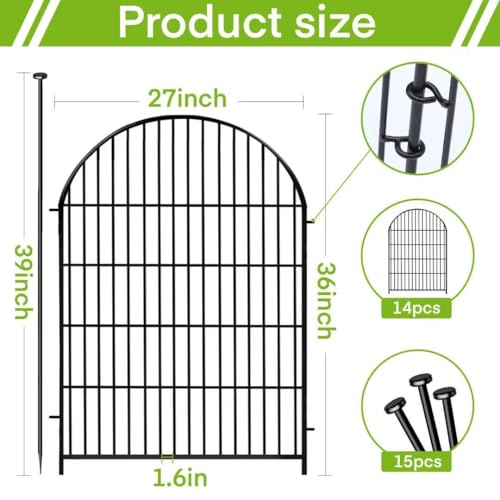 ADAVIN Garden Fence Animal Barrier with Gate 32 in(H)×35 Ft(L) 16 Panels,Rustproof Metal Wire Tall Fencing Border for Dogs Rabbits,Outdoor no dig pet Fences,Black Flower Edging for Yard,Arched