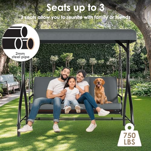 TLSUNNY 3-Seat Outdoor Patio Porch Swing with Adjustable Canopy & Backrest, Convertible Glider Bed with Stand, Removable Seat Cushion, 45° Tilt Adjustment for Backyard, Poolside, Balcony - 750LBS