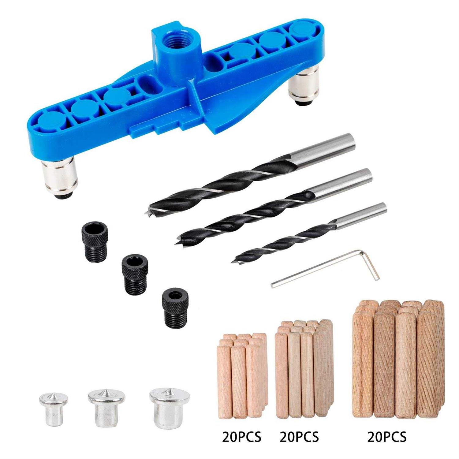 74 pcs handheld dowel jig kit 2 in 1 Center Scriber Line doweling hole jig with Wood Dowels Pins Drill Bits for Woodworking Drilling and Marking