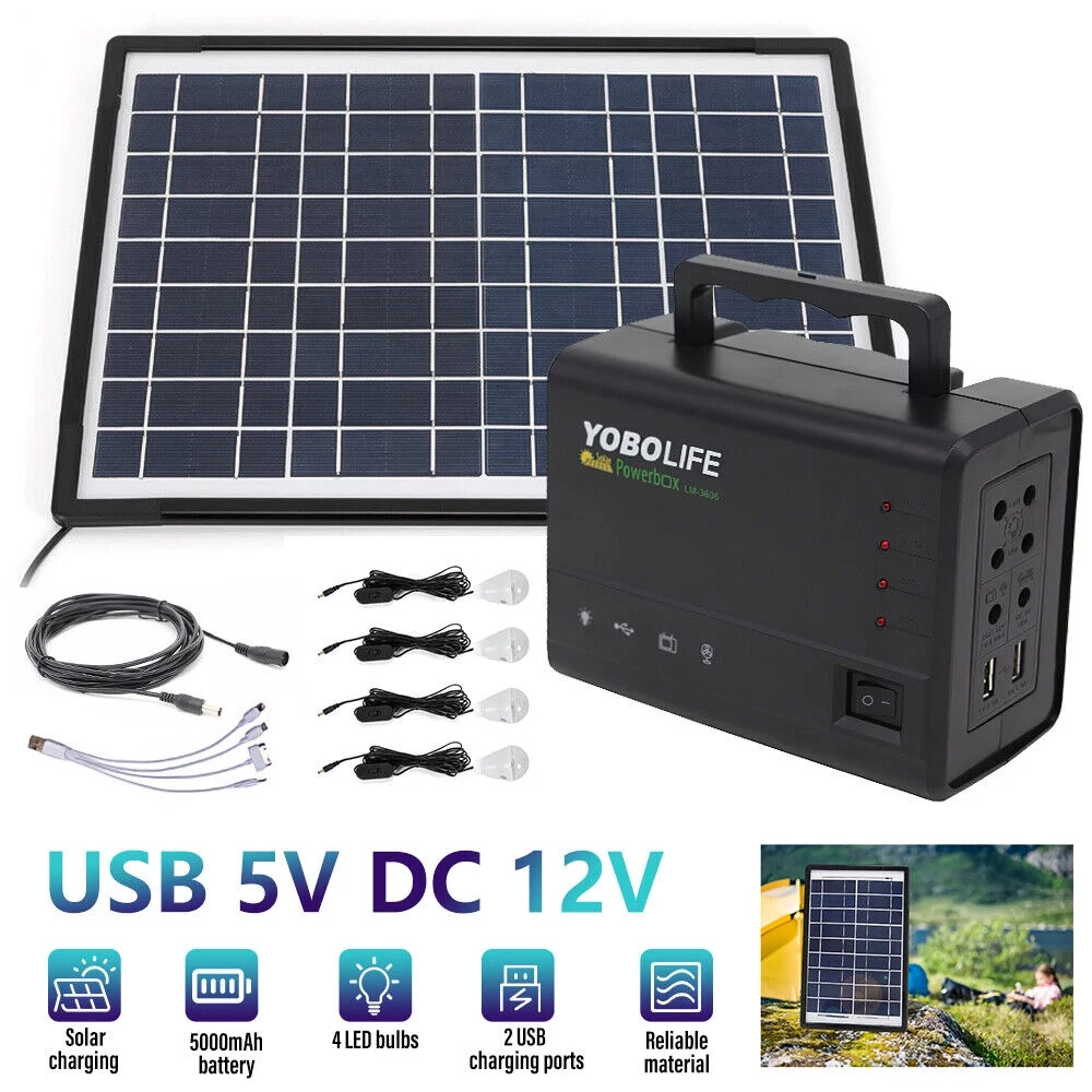 MDHAND Solar Panel Generator System Portable Home Kit LED Light 12V USB Charger Camping