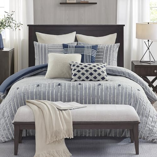 Madison Park King Comforter Set Clipped Jacquard Stripes with Buttons Boho Comforter for a King-Size Bed, Cotton Oversized Comforters with Removable Cover Boho Bedding, King Ivory 9 Piece