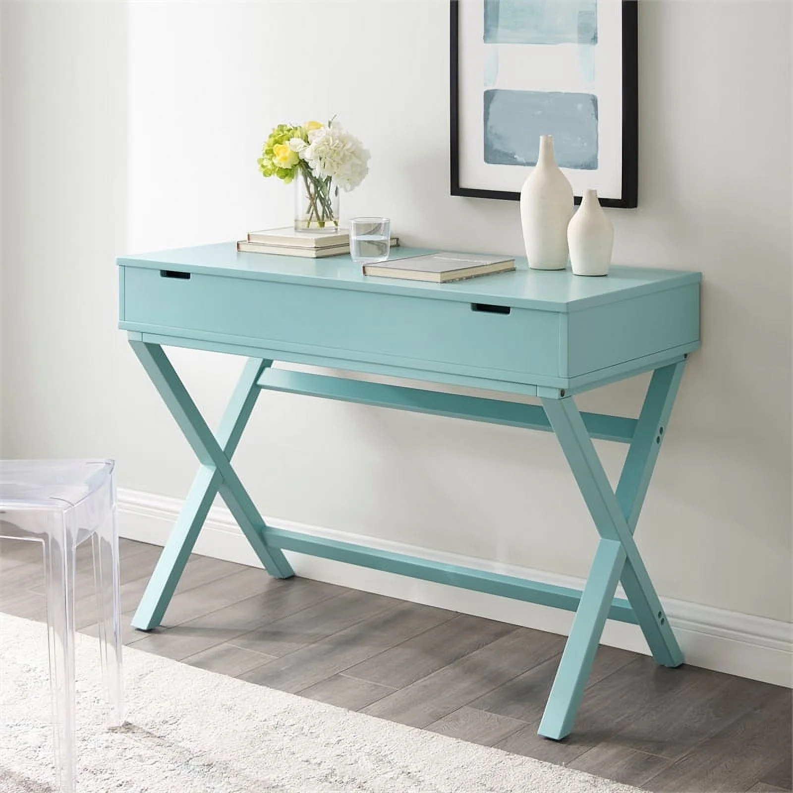 Riverbay Furniture Transitional Wood Lift Top Stand Up Desk in Turquoise Blue