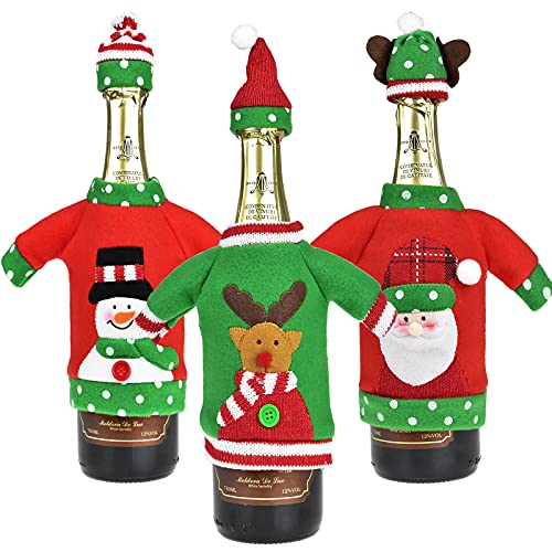 Christmas Wine Bottle Cover, Handmade Sweater Santa Claus Snowman Reindeer Wine Bottle Covers with Hat for Xmas New Year Party Table Centerpieces Decoration, Set of 3