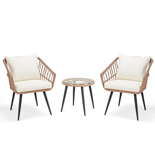 ECOTOUGE 3 Piece Wicker Patio Bistro Set, Outdoor Rattan Dining Set with Glass Top Table, Chairs, and Cushions, All-Weather Conversation Furniture Sets for Porch Backyard Lawn Poolside, Beige
