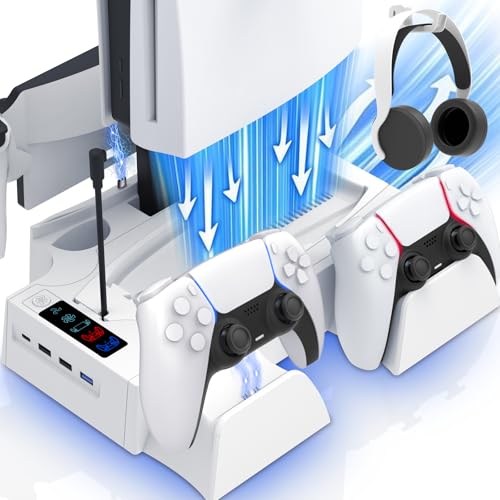 PS5 / PS5 Slim Cooling Station with PlayStation Portal and Controller Charging Station, Cooling Stand for PlayStation 5 Console, PS 5 Portal Dock Accessories with Cooler Fan, Headset Holder, 4 USB Hub