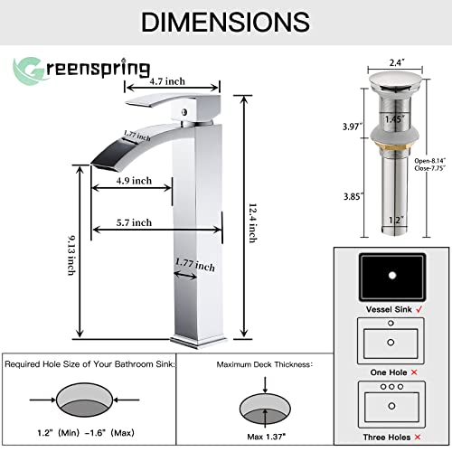 Brushed Nickel Vessel Sink Faucet, Waterfall Bathroom Faucets, Tall Spout Single Handle Single Hole Bathroom Faucets with Pop Up Drain and Without Overflow Basin Faucet Supply Line