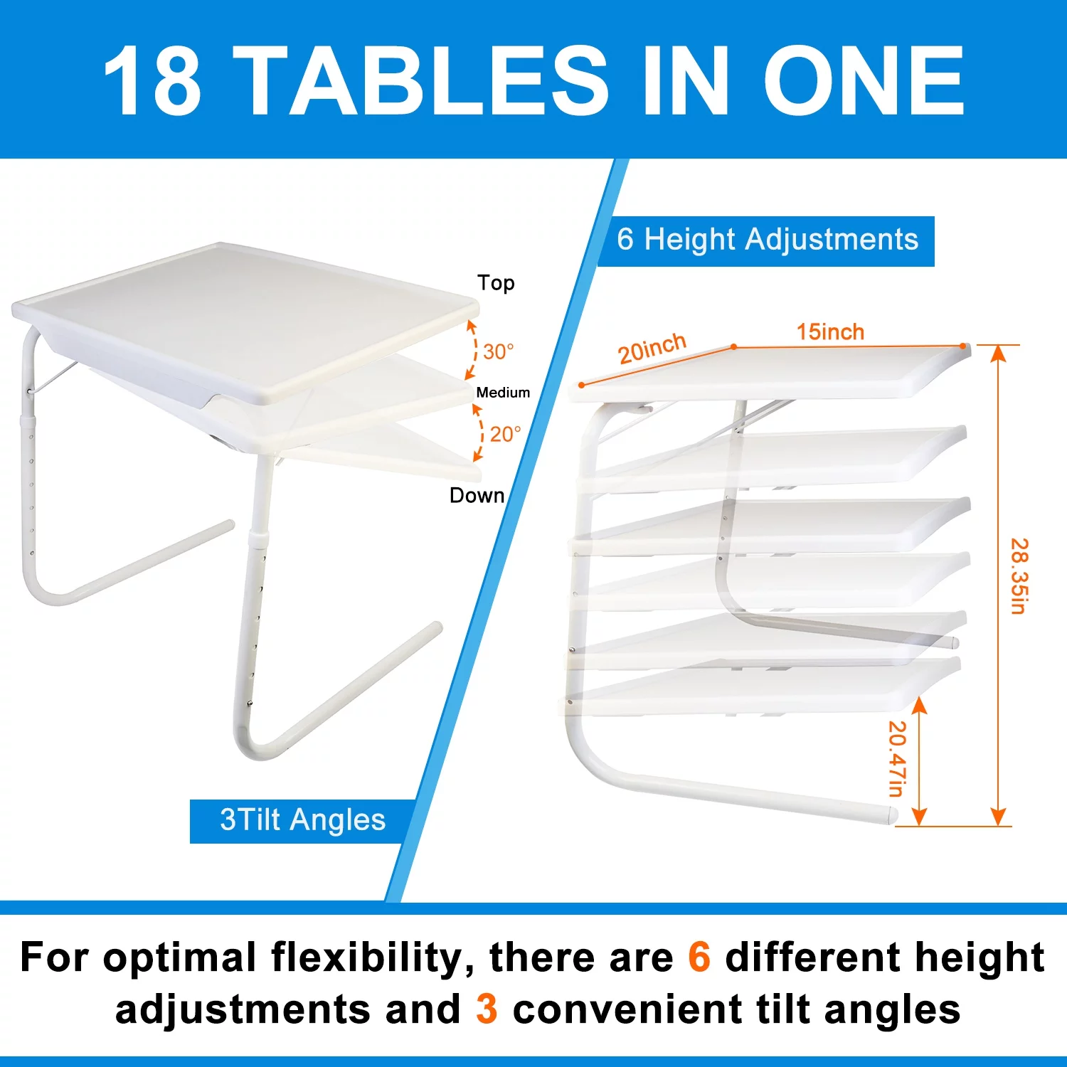White Folding Snack TV Tray Table, iMounTEK TV Laptop Table- Adjustable Height & Angle Tray, 20