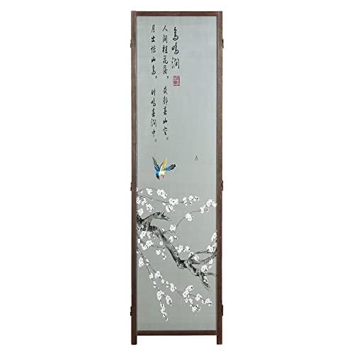 MyGift 4-Panel Asian-Inspired Folding Room Divider with Cherry Blossom Tree & Bird Design Poetry Calligraphy and Brown Wooden Frame 78''W x 70.5''H(6FT)