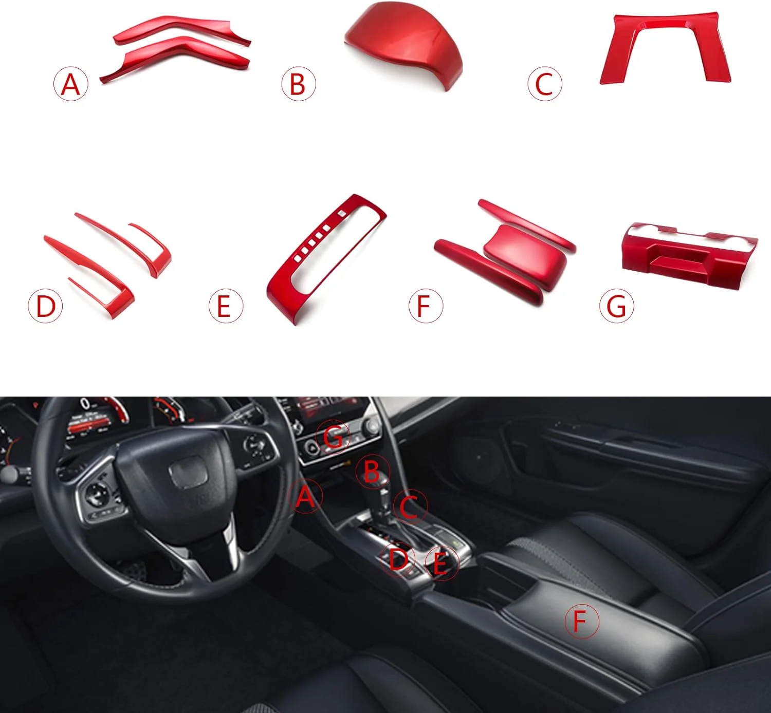 Xotic Tech Interior Center Console Panel Gear Upper Panel Console Side Armrest Box Gear Shift Button Frame w/ Lever Cover Trim Combo Kit , Sporty Red , Compatible with Honda Civic 2016-2021