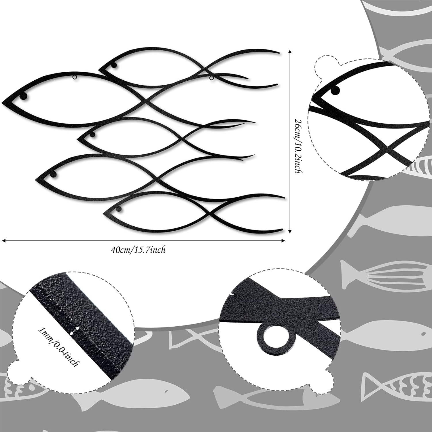 Nautical Metal Wall Art School of Fish Wall Art Modern Metal Art Work Decorative Metal Fish Decor Nautical Style Wall Decor for Indoor Outdoor Home Bedroom Office Window Wall (Chic Style,40 x 26 cm)