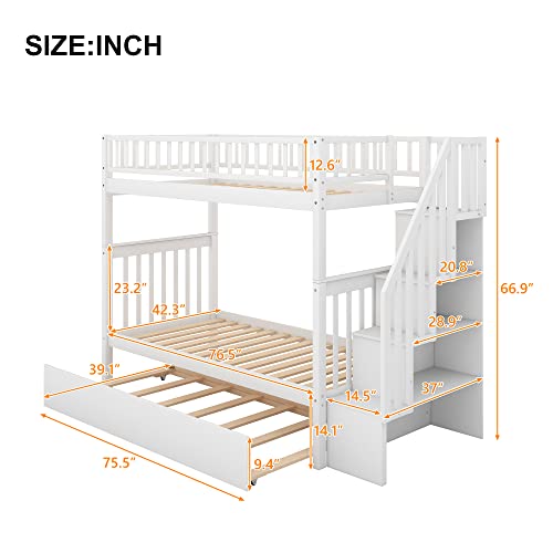 Twin-Over-Twin Bunk Bed with Trundle and Storage Staircase, Solid Wood 3 in 1 Twin Size Stairway Bunk Bed with Trundle, White