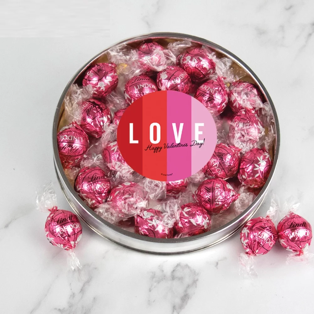 Valentine's Day Candy Gift Tin Large Plastic Tin with Chocolate Strawberries & Cream Truffles - LOVE