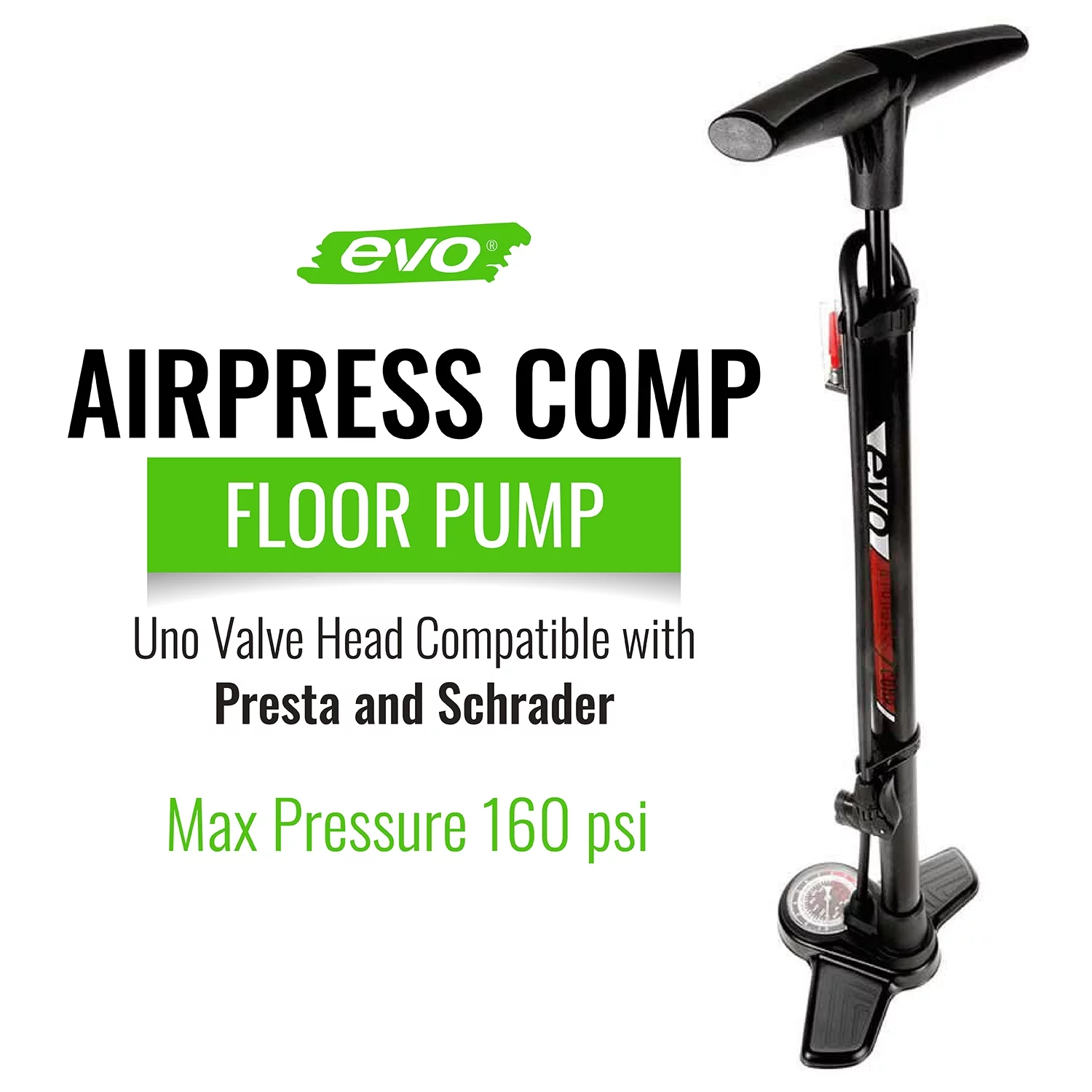 Evo, AirPress Comp, Floor Pump, 160psi, Black