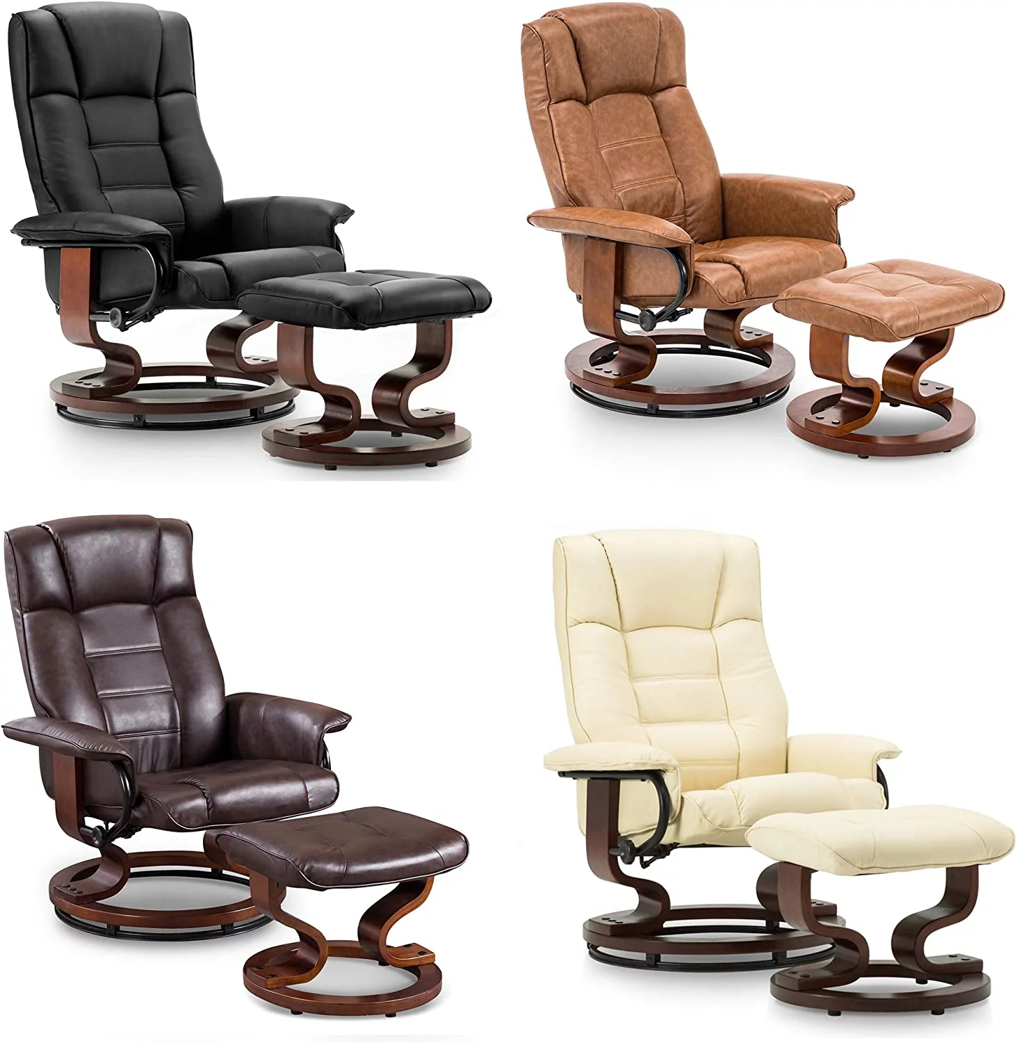 MCombo Swiveling Recliner Chair with Wrapped Wood Base and Matching Ottoman Footrest  Furniture Casual Chair  Faux Leather 9019 (Cream White)