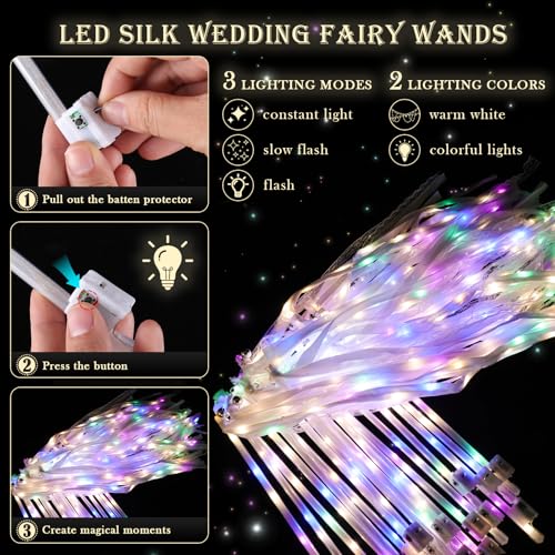 58 Pieces Light up Wedding Wands with Ribbons & Bells –LED Silk Wedd Fairy Wands Streamers with Warm White & Colorful Lights for Wedding Send Off Ideas, Parties, and Celebrations