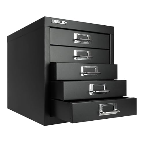Bisley 10-Drawer Steel MultiDrawer Cabinet - Black, Chrome Pull Handles with Label Holders, Powder-Coated Steel, Removable Drawers, Fits Under Most Desks, Labels Included