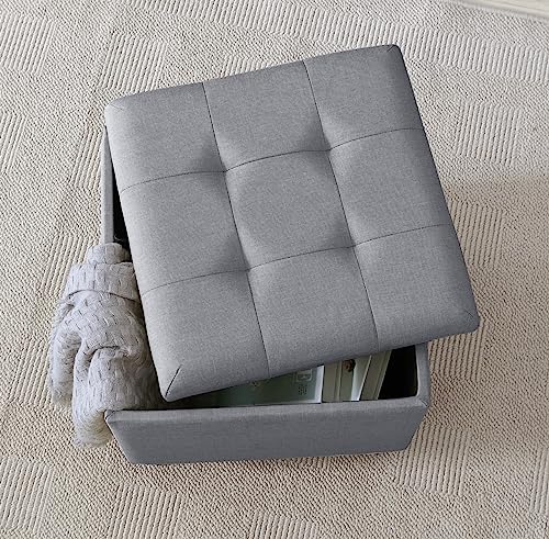 Ornavo Home Linen Tufted Square Storage Ottoman with Lift Off Lid, Ottoman with Storage for Living Room, Bedroom and Office, Gray