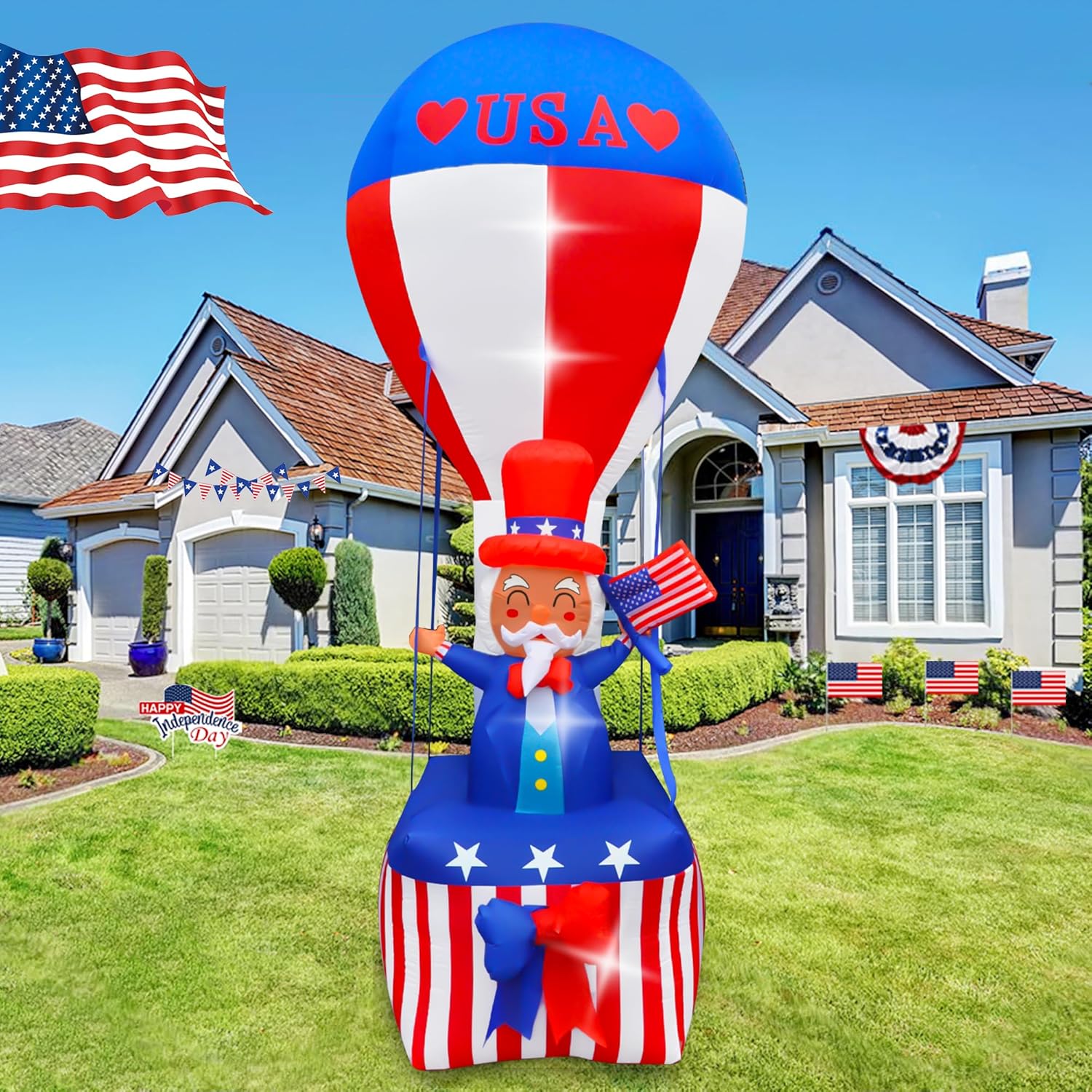 SEASONBLOW 9FT 4th of July Inflatables Outdoor Decorations, Uncle Sam on Hot Air Balloon Decoration Build-in LED Lights Blow Up Patriotic Independence Day for Home Yard Lawn Decor