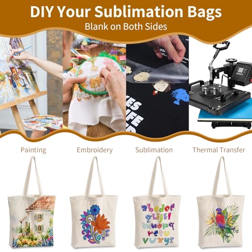 10 Pack Canvas Tote Bag with Zipper, Reusable Grocery Bags with Long Handle, DIY Heat Transfer Sublimation Blanks Shopping Bags for Advertising, Birthday, Halloween, Christmas Gift Bags