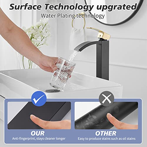 Brushed Nickel Vessel Sink Faucet, Waterfall Bathroom Faucets, Tall Spout Single Handle Single Hole Bathroom Faucets with Pop Up Drain and Without Overflow Basin Faucet Supply Line
