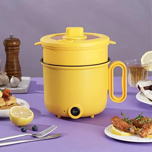 Jeanoko Electric Cooking Pot 1.5L Coated Anti Scald Handle Clear Lid Multifunction Electric Cooker Multi Function Electric Pot Electric Cooker for Home Dormitory Party (Yellow Double Layer)
