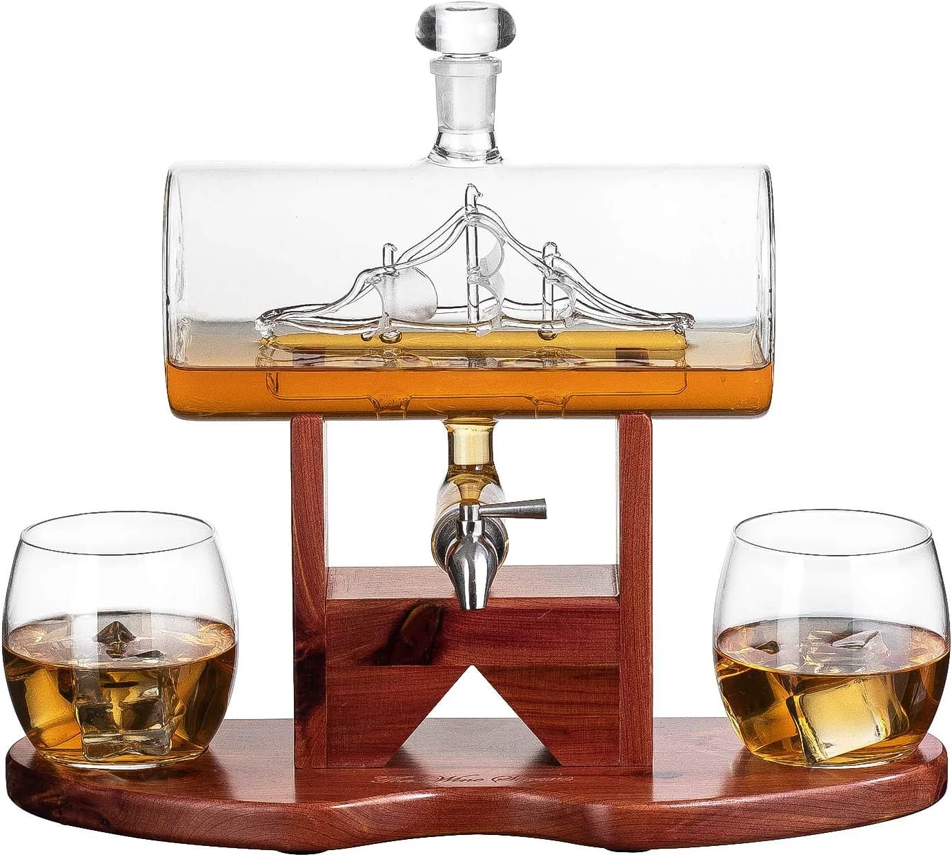 Whiskey Decanter Set, Liquor Dispenser for Home Bar, Crystal Glass - 1250ml Ship & 2 Whiskey Glasses Beautiful Stand Fathers Day, Gift for Dad, Husband or Boyfriend - The Wine Savant 100% Lead-Free