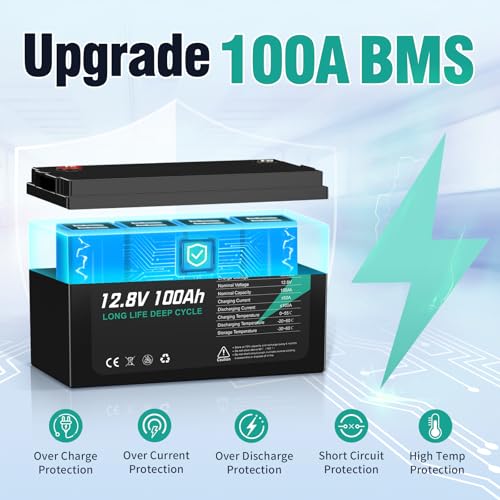 12V 100Ah LiFePO4 Lithium Battery, Up to 15000 Deep Cycles, Low-temp Protection, Ideal for RV, Marine, Trolling Motor, Solar/Wind, Off-Grid and more (12.8V 100Ah)