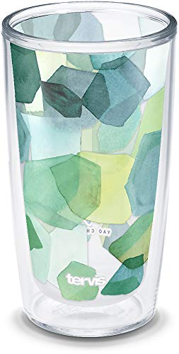 Tervis Yao Cheng Green Crystal Made in USA Double Walled Insulated Tumbler Travel Cup Keeps Drinks Cold & Hot, 16oz, Green Blue Stripe