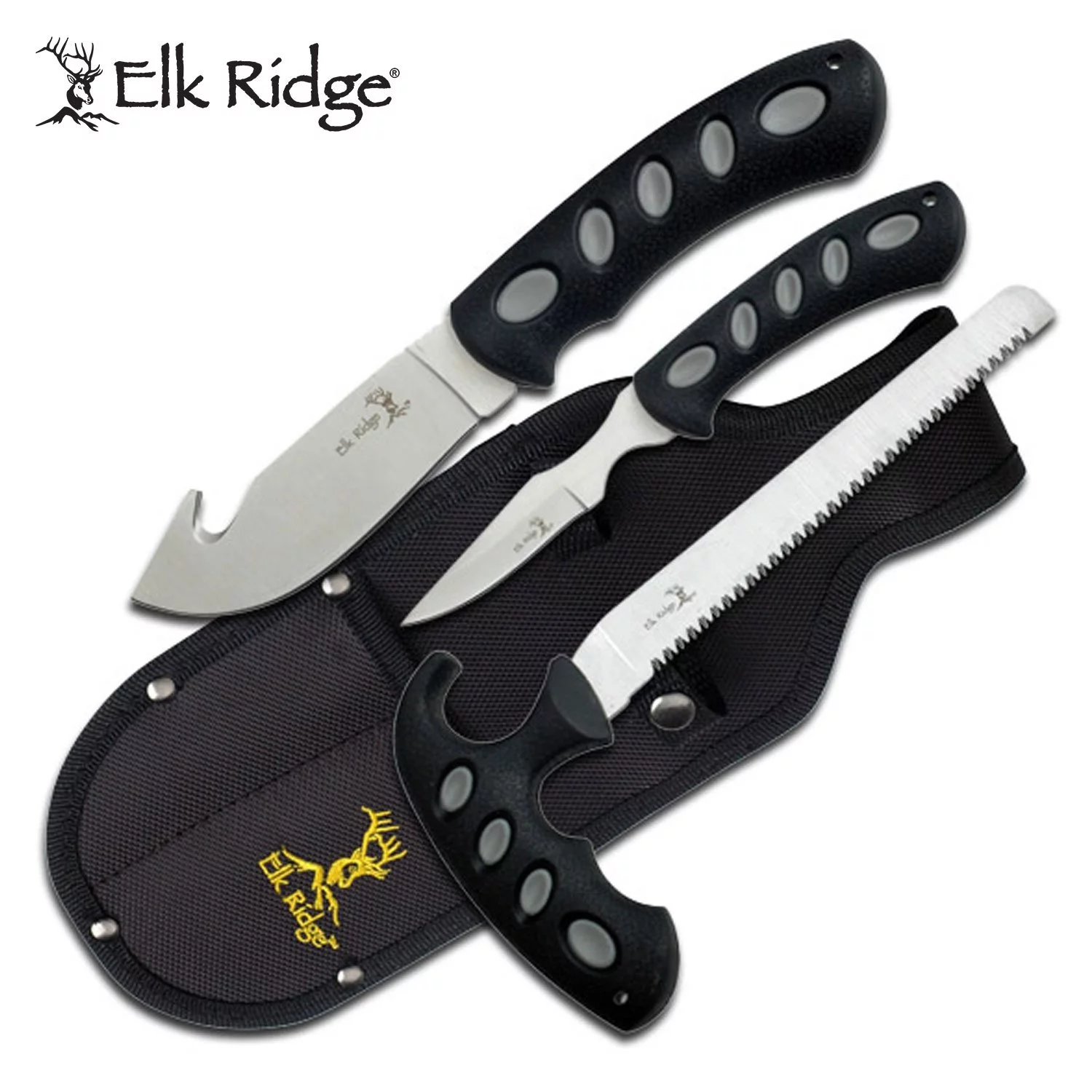 Elk Ridge - Outdoors 3-PC Hunting Knife Set - Satin Finish Stainless Steel Blades, Black Nylon Fiber Handles, Includes Combo Sheath - ER-252