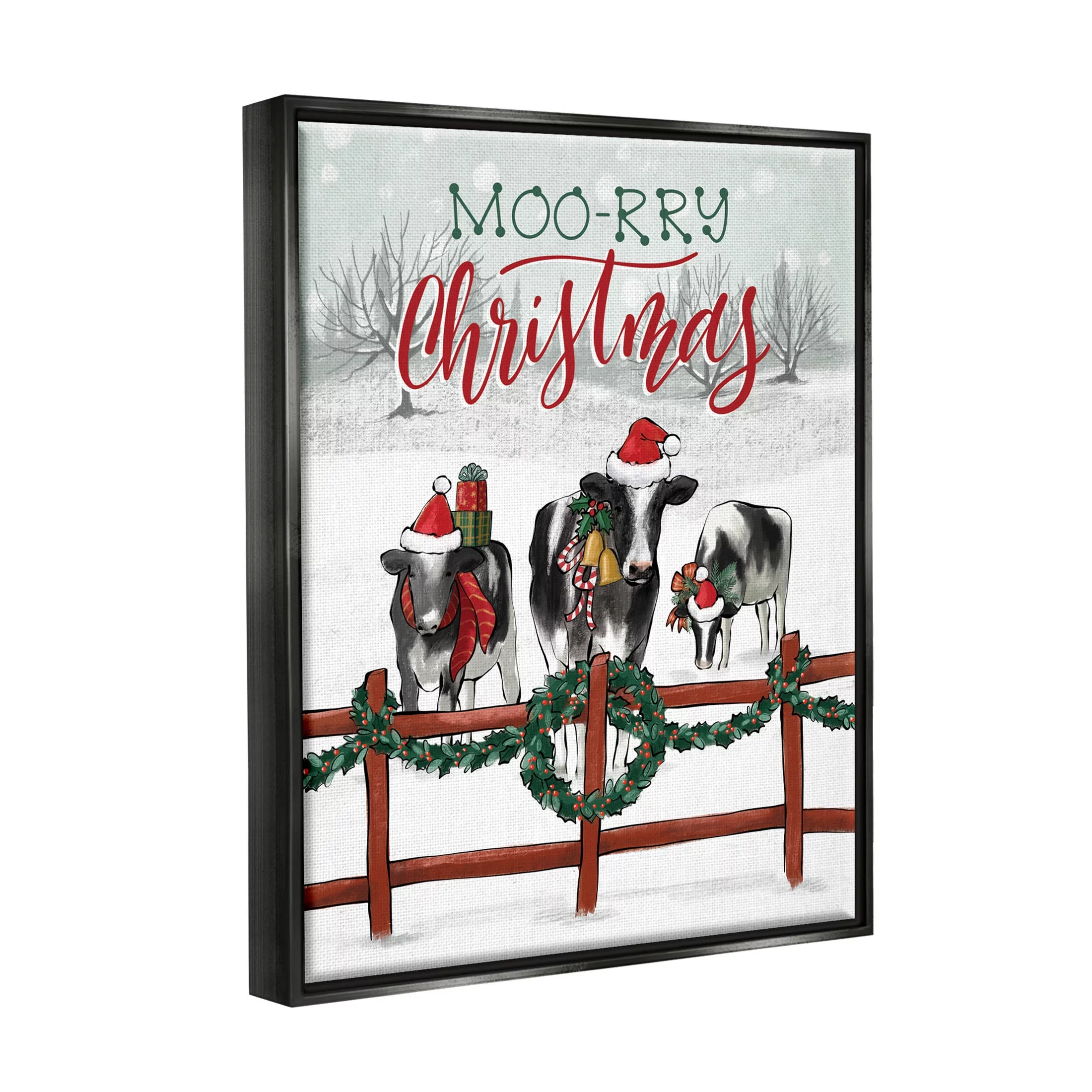 Moo-rry Christmas Holiday Snowy Cows Holiday Graphic Art Jet Black Framed Art Print Wall Art