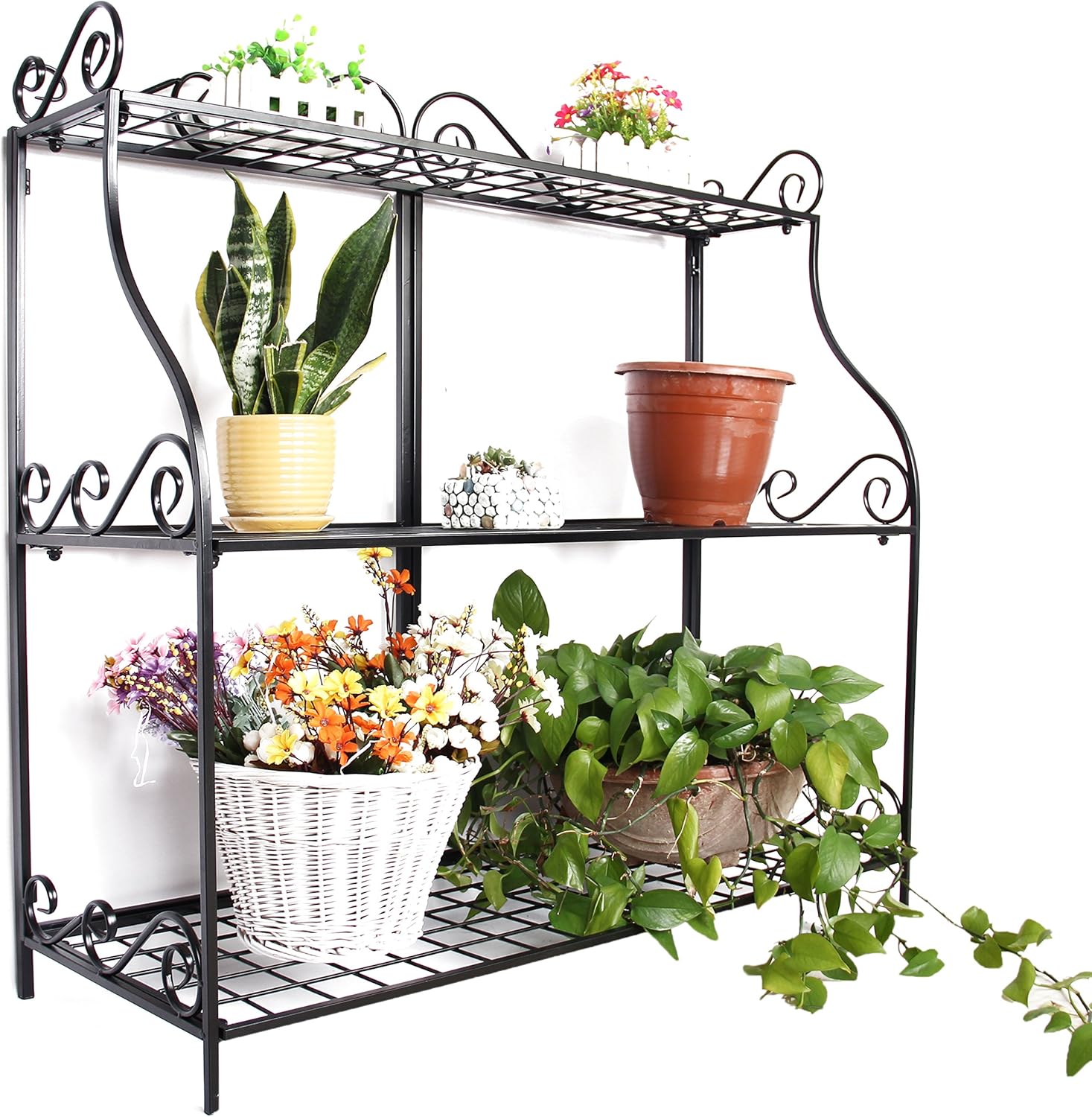 VERGOODR Large Flower Stand Plant Display Freestanding Metal Scrollwork Design Foldable 3-Tier Big Storage rack Home Organizer Display Rack Book Shelf