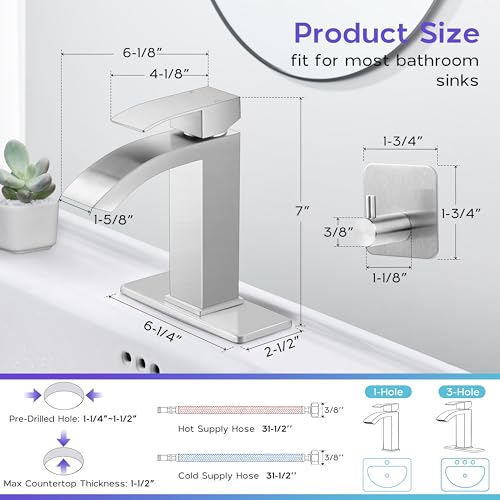 Brushed Nickel Bathroom Sink Faucet for 1 or 3 Hole Single Handle Waterfall Bathroom Vanity Vessel Sink Faucet with Pop Up Drain and Towel Hooks