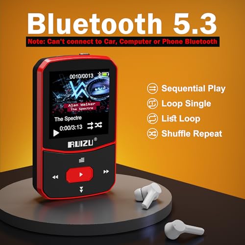 RUIZU 64GB Clip MP3 Player with Bluetooth 5.3, Portable Music Player with Voice Recorder for Sports Running, FM Radio, Pedometer, A-B Repeat, Audio Shuffle Playback, Support 128GB Micro SD Card, Red