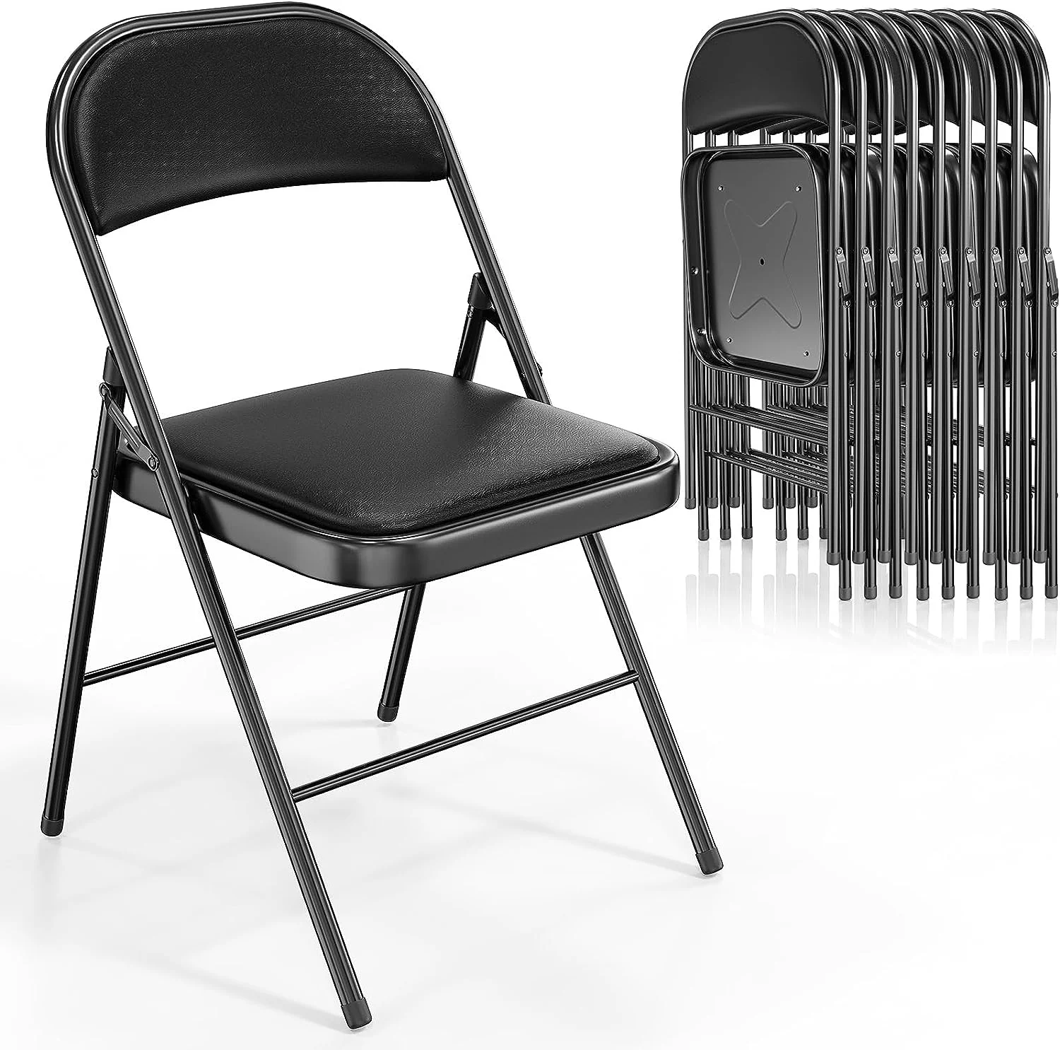 VINGLI Folding Chairs with Padded Seats, Metal Frame with Pu Leather Seat & Back, Capacity 350 lbs, Black, Set of 10