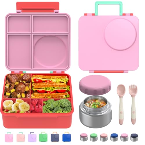 Bento Box for Kids - Leak-Proof Lunch Box with Insulated Thermos Food Jar - 4 Compartments, 1 Removable Divider, 1Spoon, 1 Fork - Dishwasher Safe, BPA-Free (Blue)