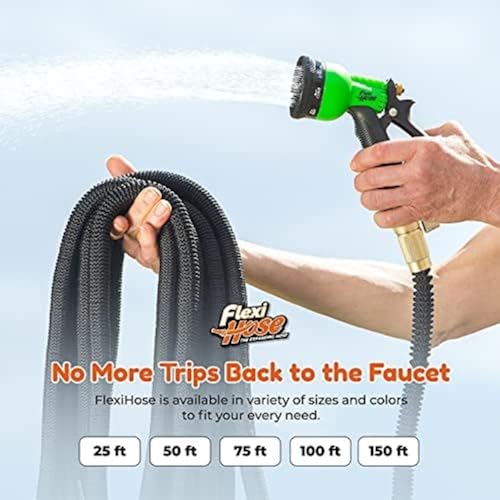 Flexi Hose Upgraded Expandable Garden Hose 50 ft Extra Strength 3/4 Solid Brass Fittings - The Ultimate No-Kink Flex 50 ft Water Hose (Black, 50FT)