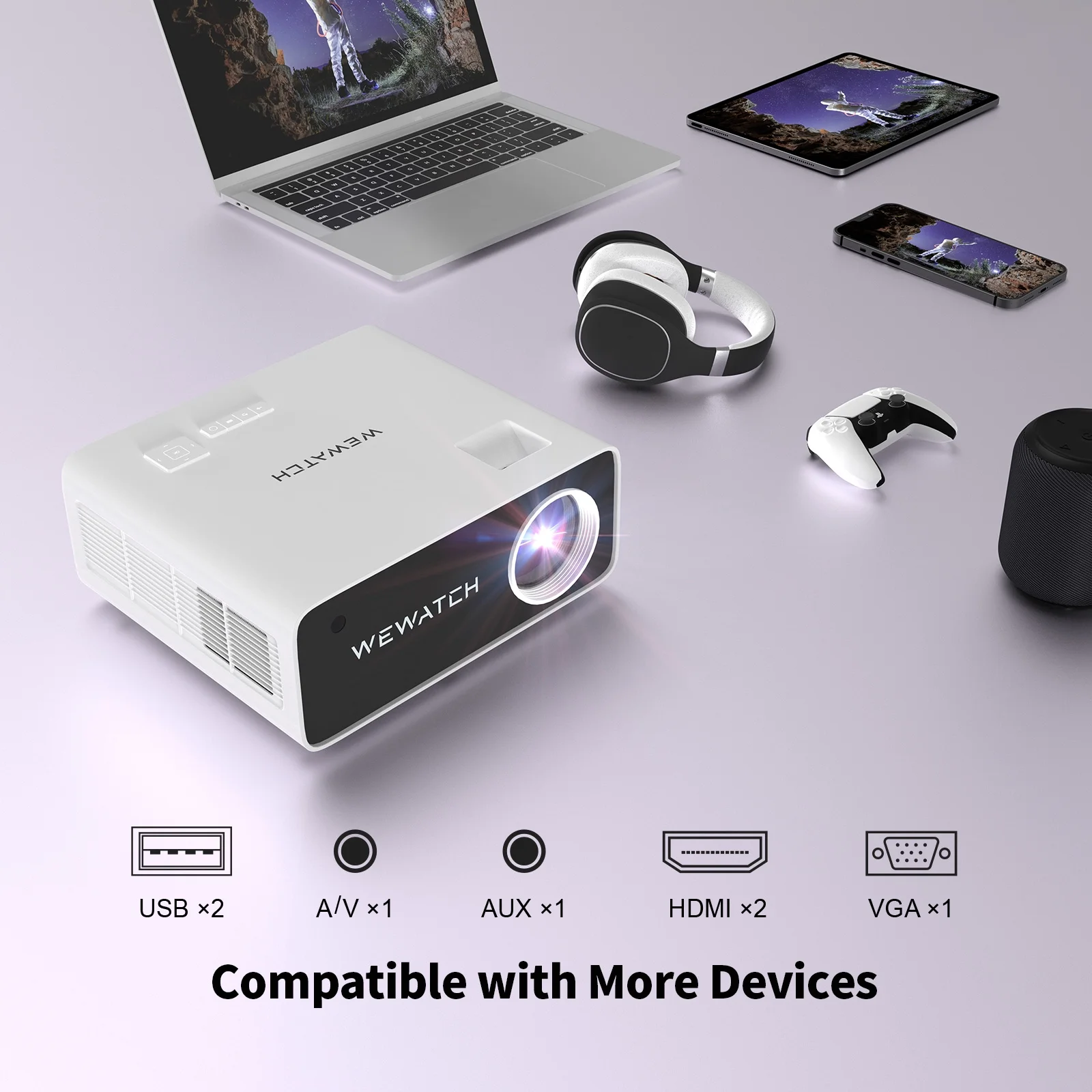 WEWATCH 4K Home Theater Projector w/ White Noise, 500 ANSI 19000Lm, 5G WiFi Bidirectional Bluetooth, 350