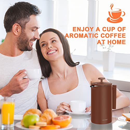 Secura French Press Coffee Maker, 304 Grade Stainless Steel Insulated Coffee Press with 2 Extra Screens, 34oz (1 Litre), Silver