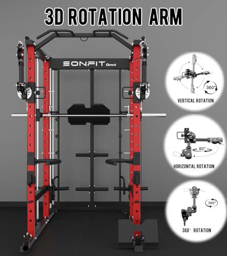 Eonfit E5 Smith Machine with Vertical Leg Press, Power Cage Squat Rack with LAT-Pull Down Cable Crossover Rotating Arms System Home Gym Equipment All in One (E5 RED)