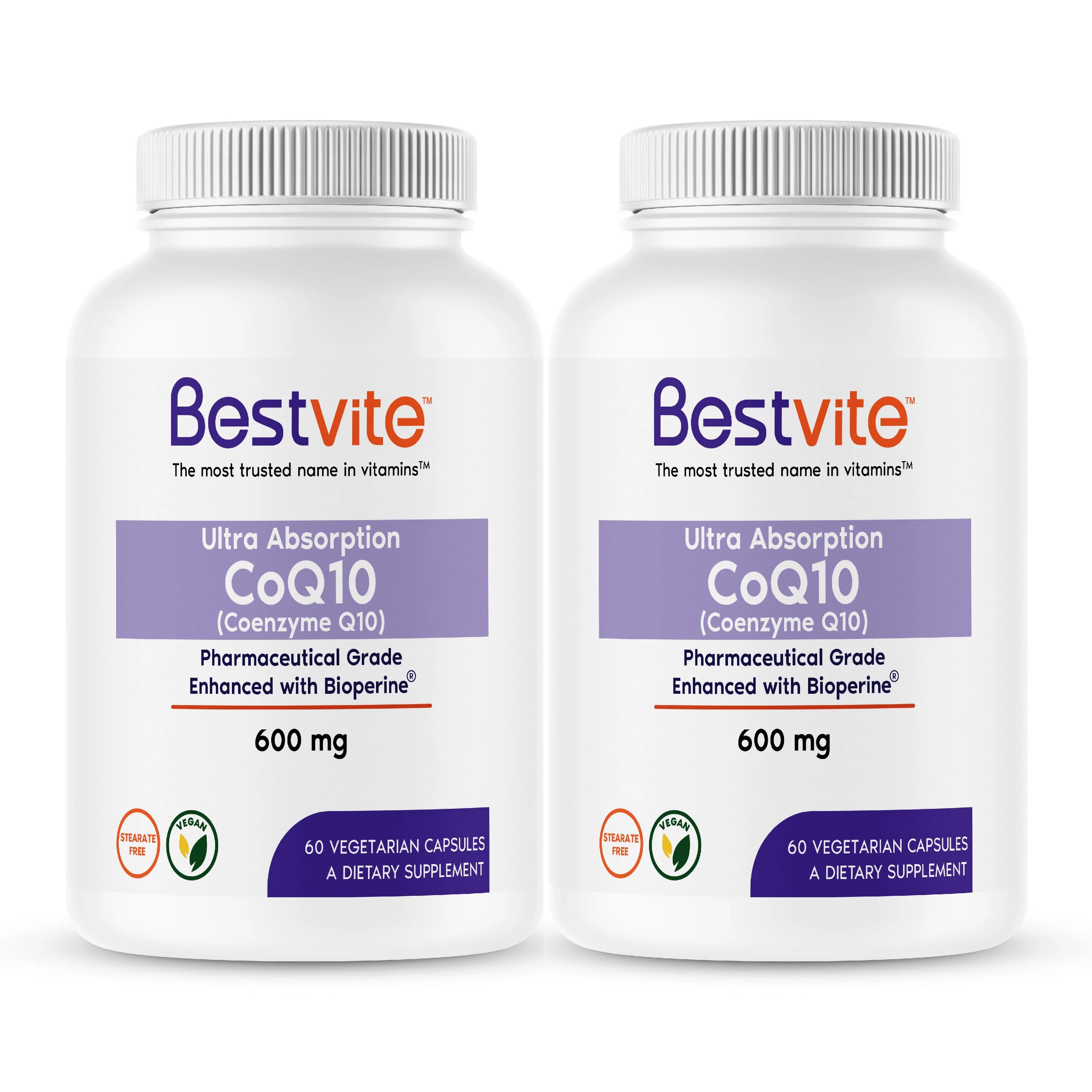 Coenzyme CoQ10 600mg with Bioperine (120 Vegetarian Capsules) (2-Pack) Naturally Fermented - No Stearates - No Fillers - Vegan - Non GMO - Gluten Free