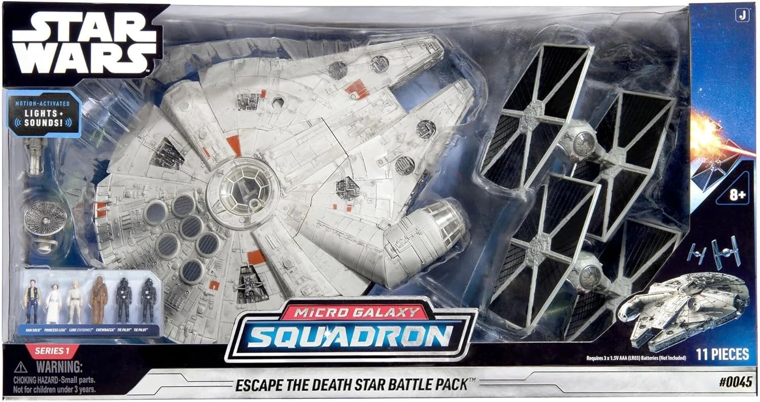 STAR WARS Micro Galaxy Squadron Escape The Death Star Multicolor Battle Pack, 11 Piece Action Figures Playset, Millenium Falcon with Motion Activated Lights & Sound