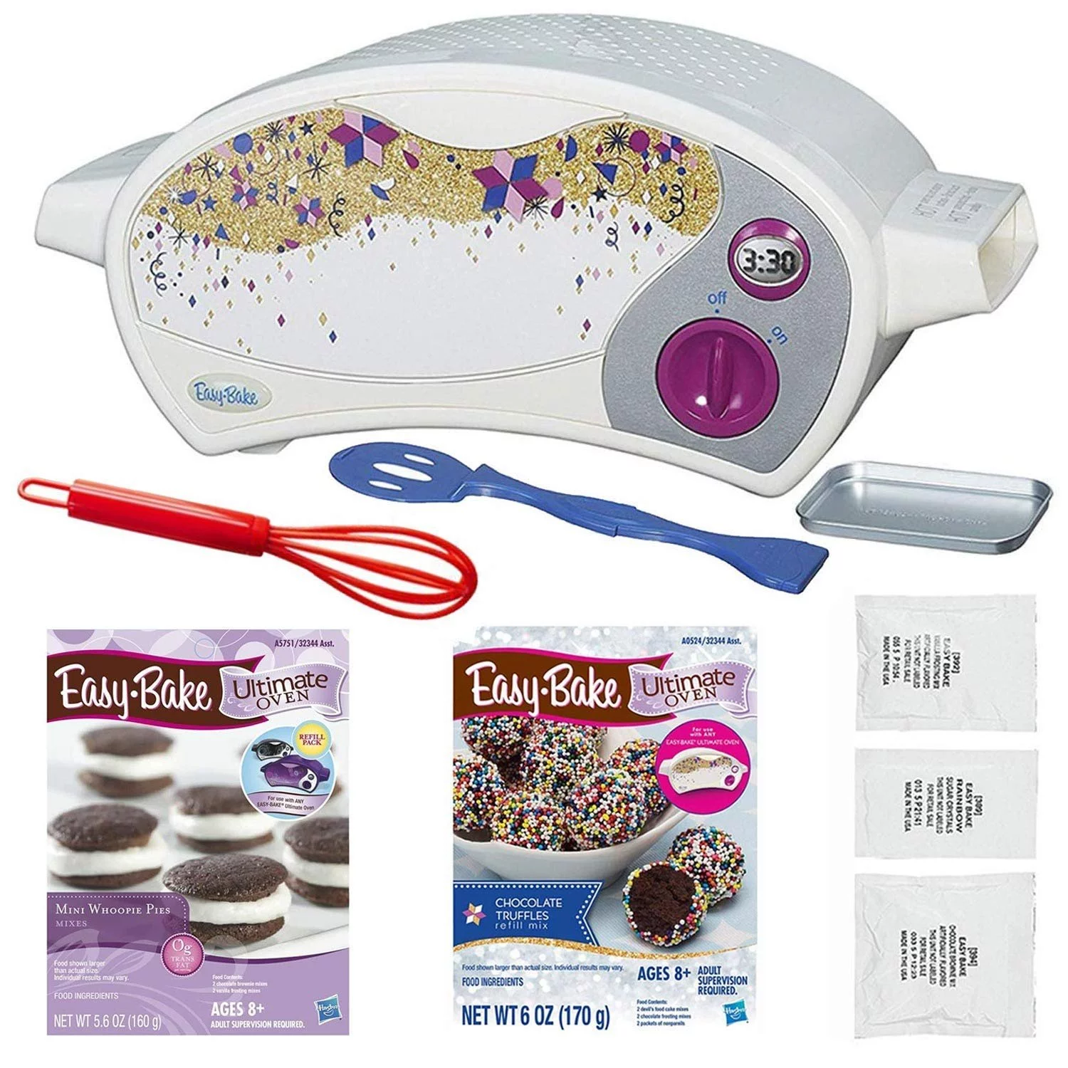 Easy Bake Oven Star Edition + Chocolate Truffle Refill Mix + Mini Whoopie Pies Refill Mix + Mini Whisk.
