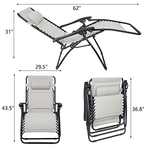 Greesum Zero Gravity Chairs Set of 2 Adjustable Steel Mesh Recliners Beach Deck Lawn Camping Patio Foldable Lounge Chair with Cup Holder Trays and Pillows,Brown