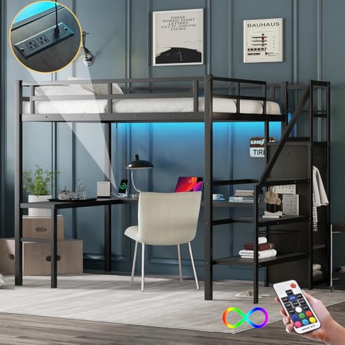 Twin XL Industrial Metal Loft Bed with L-Shaped Desk, USB, LED, Wardrobe, Adjustable Shelves, and Stairs (Black)