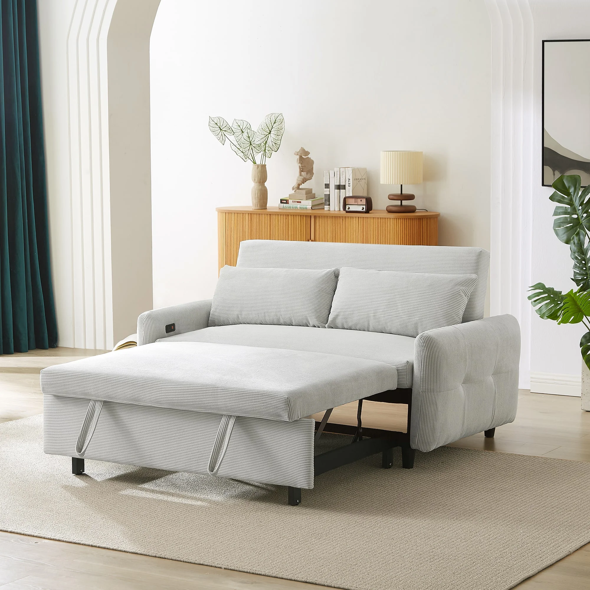 Modern Design 2-Seater Pull-Out Sofa Bed, 3-Stage Adjustable Backrest, USB Port, Comes with Double Pillows, Reclining Sofa, Suitable for Living Room, Bedroom, Office, Movie Room