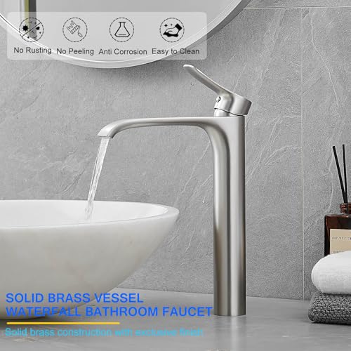 Tall Vessel Sink Faucet Bathroom Waterfall Faucet Brushed Gold Finished Single Handle Matte Black Vanity Bathroom Faucet Basin Mixer Tap with Water Supply Hose and Pop Up Sink Drain